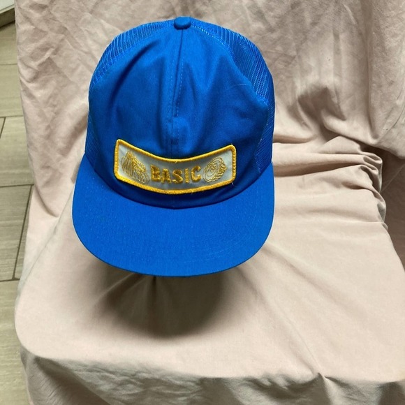VINTAGE Basic Patch Bright Blue Trucker Style Snapback Hat - Picture 1 of 3
